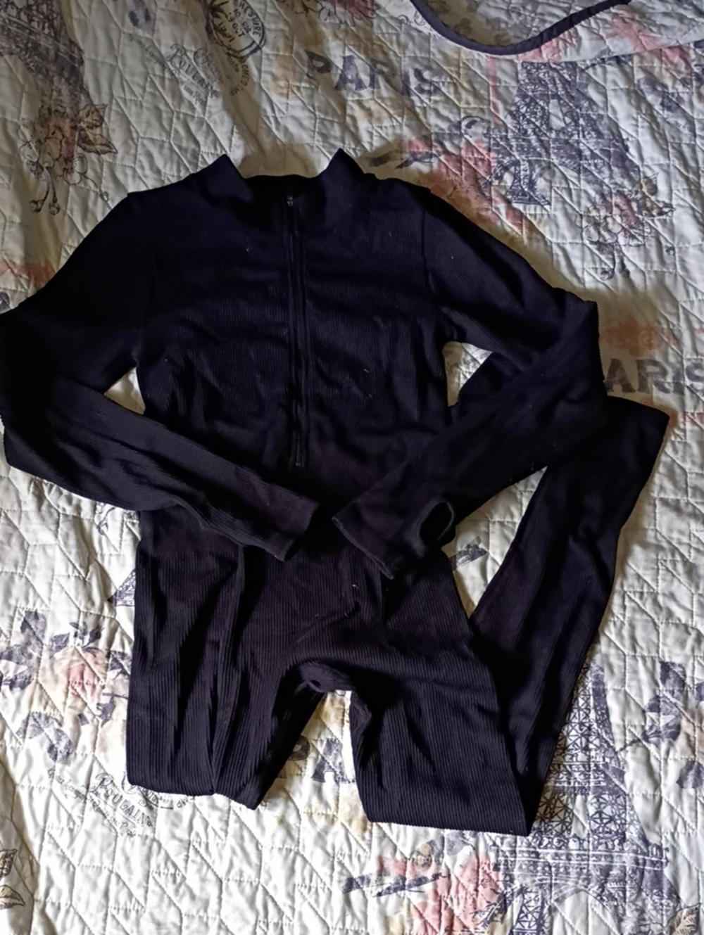 Women’s Black Ribbed Jumpsuit with Front Zip